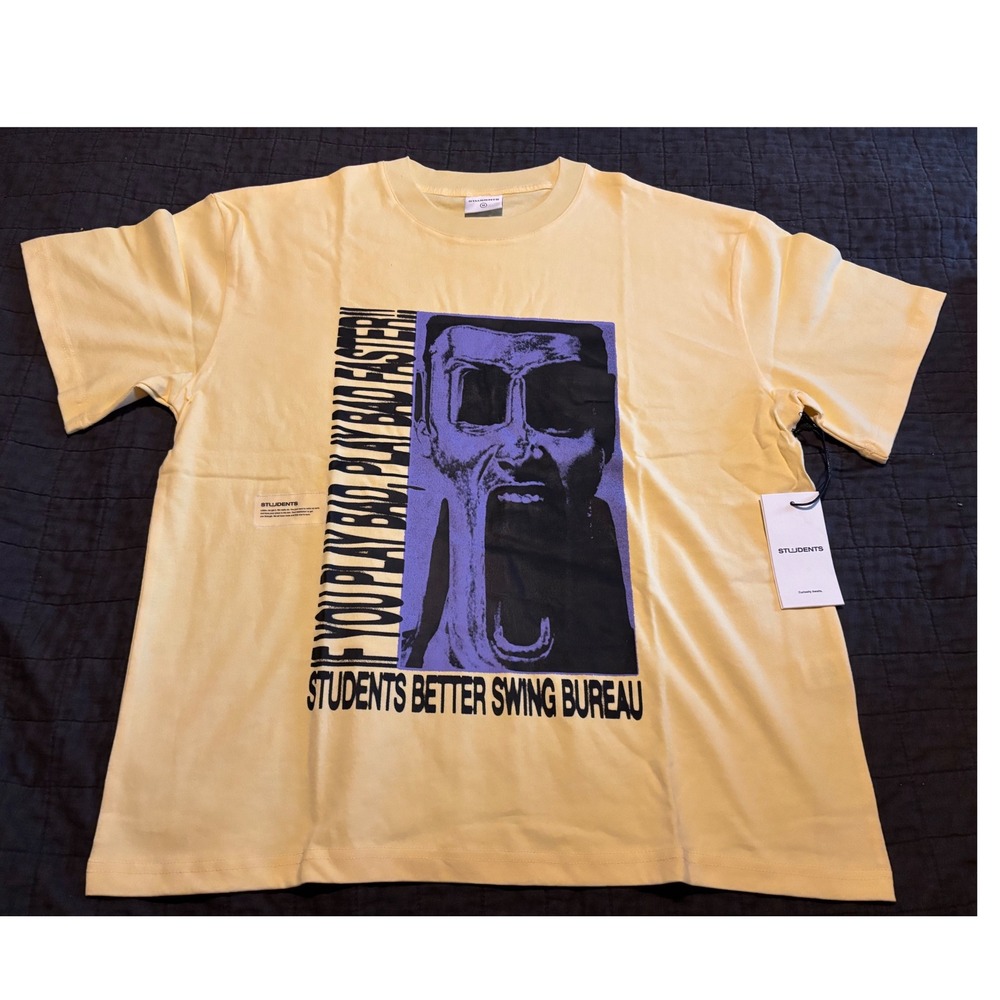 STUDENTS‎ Graphic Print T Shirt Yellow Crew Neck Short Sleeve Mens Medium